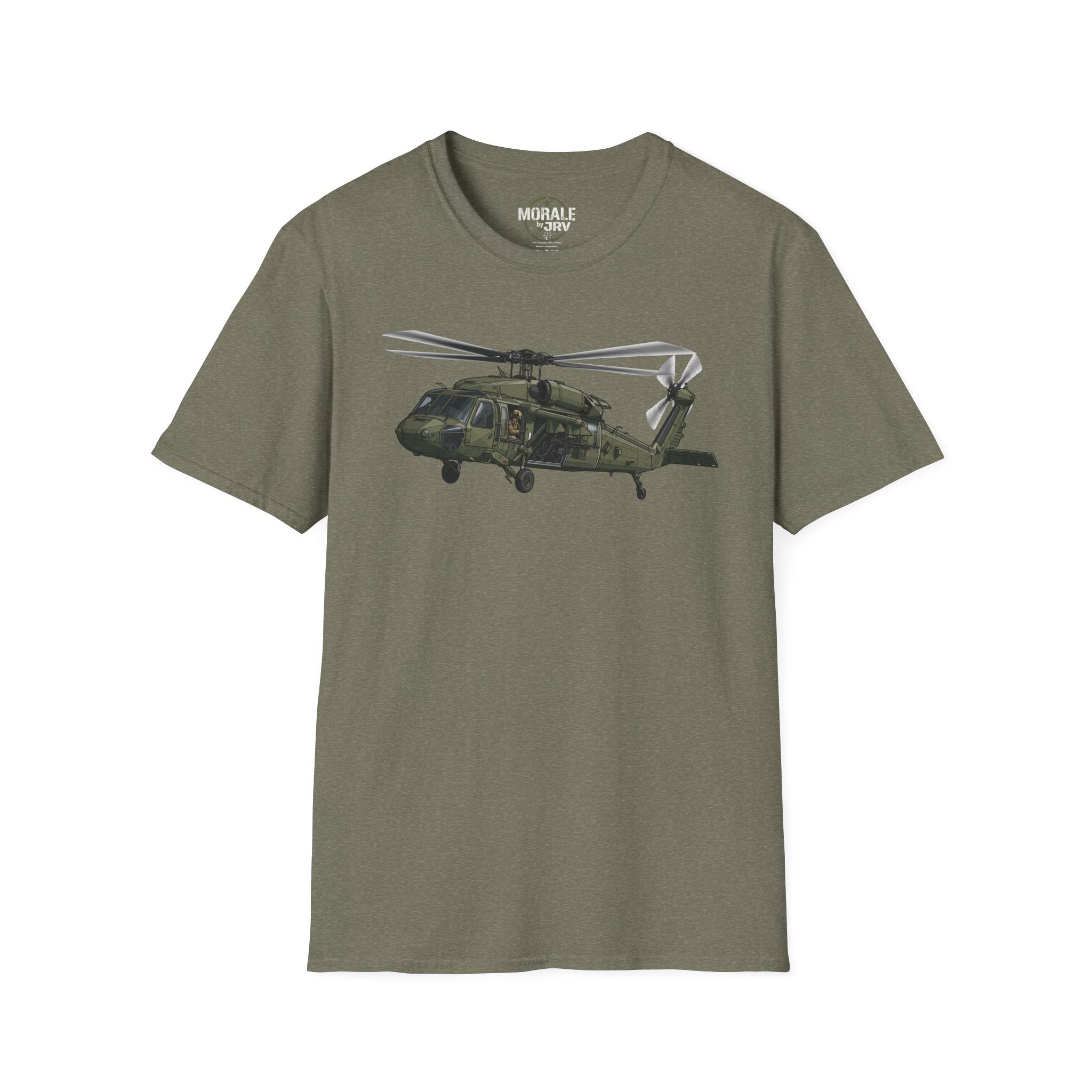 Military Black Hawk helicopter graphic T-shirt, dark olive green