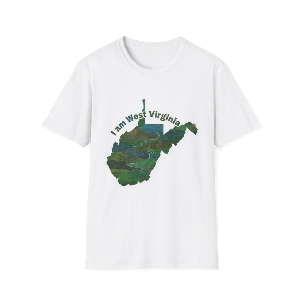White T-shirt with West Virginia map graphic and 'I am West Virginia' text