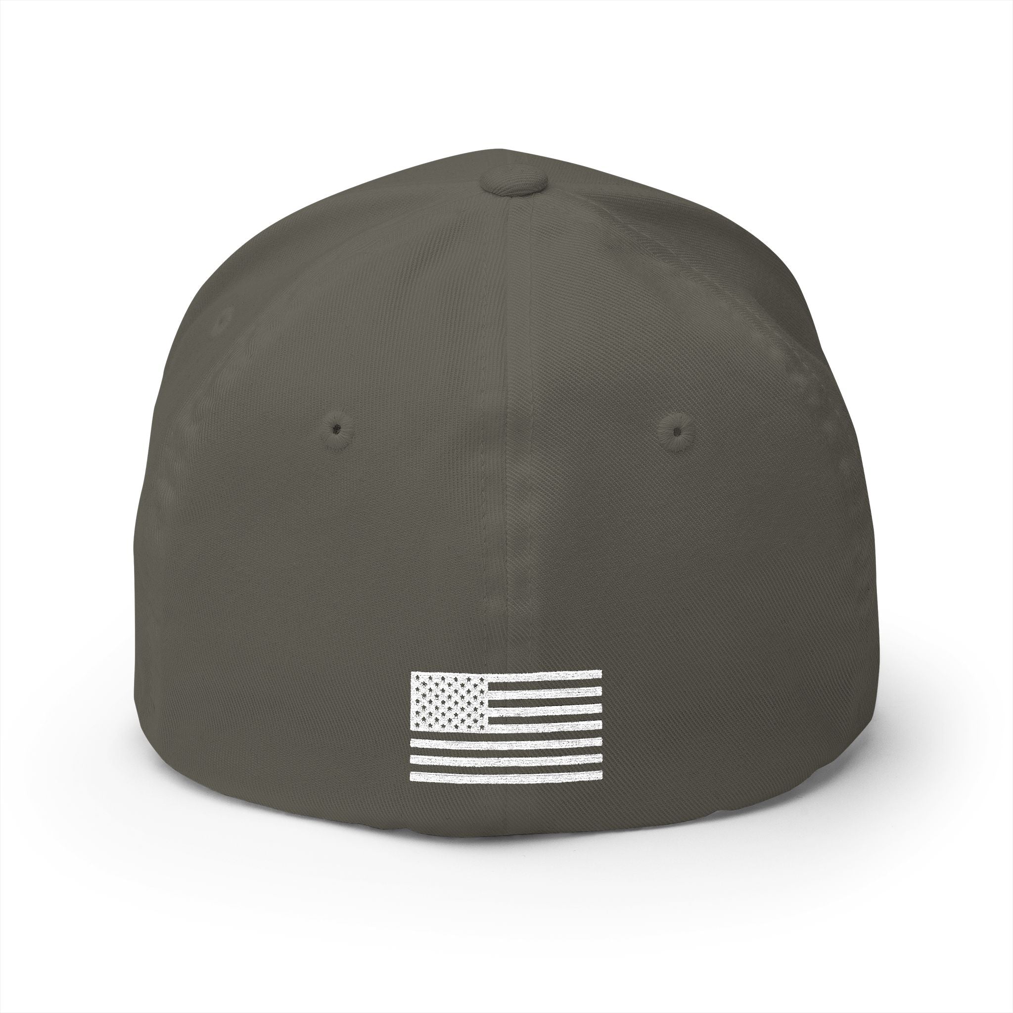 Dark grey baseball cap with white USA-style striped emblem on front