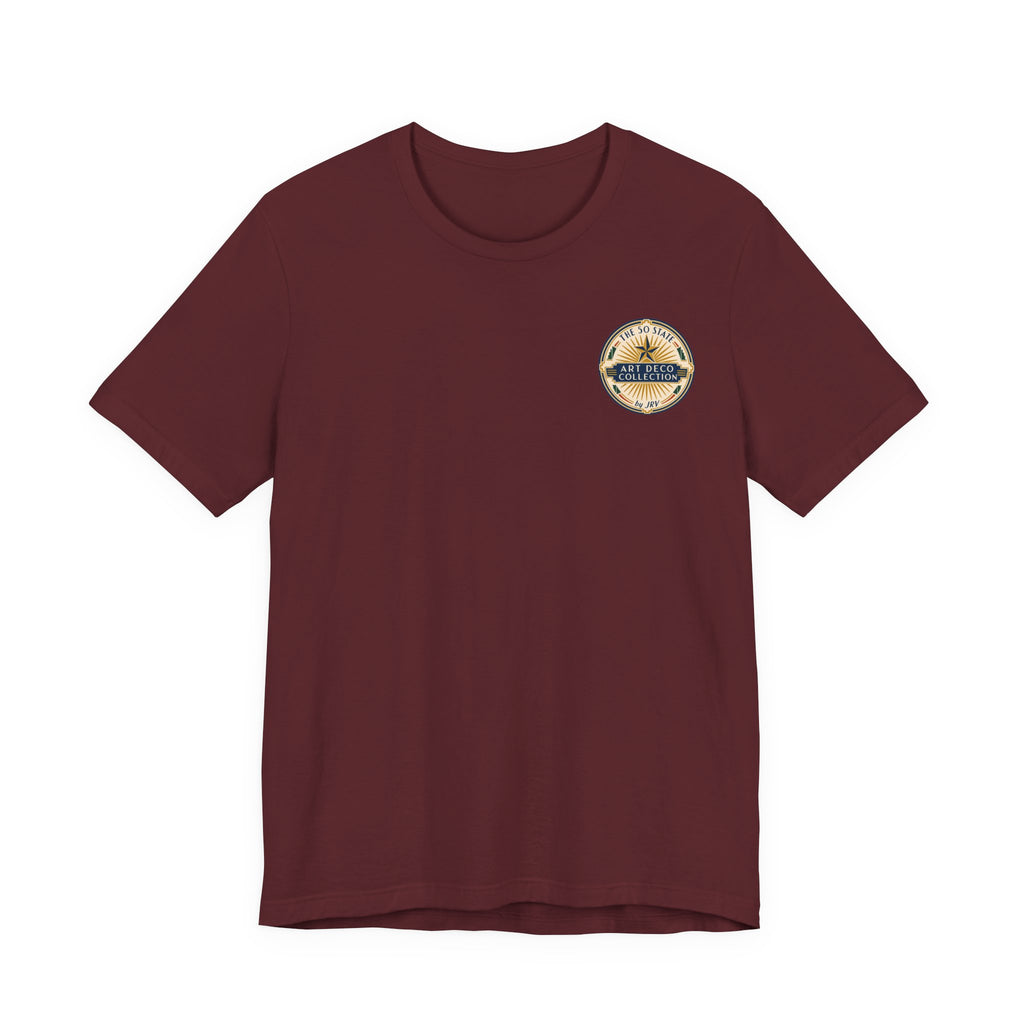 Palmetto art deco logo T-shirt, maroon with circular chest badge