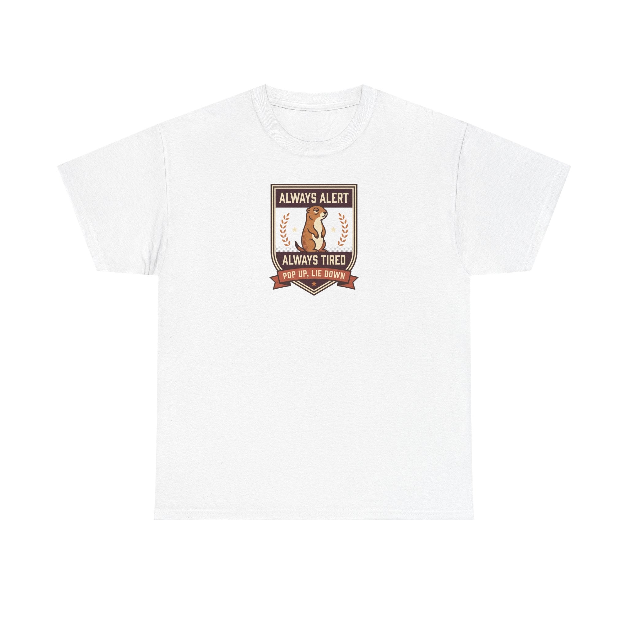 White badge graphic T-shirt with “Always Alert” and “Always Tired” text