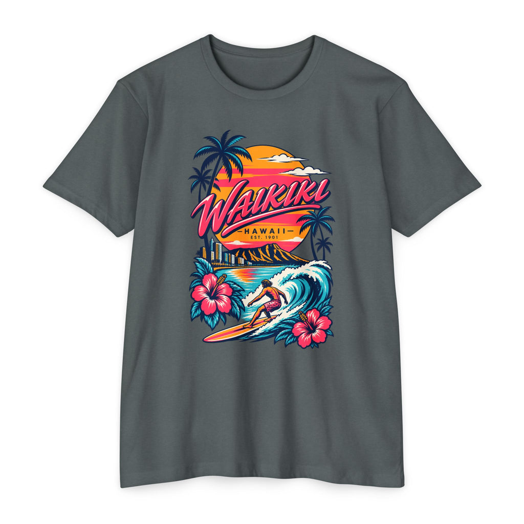 Dark gray surf T-shirt with palm trees, waves, and surfer graphic