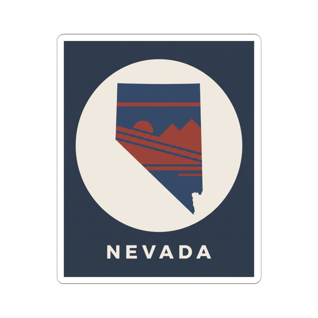 Nevada state kiss-cut sticker on navy square backing, “NEVADA” text under retro mountain graphic