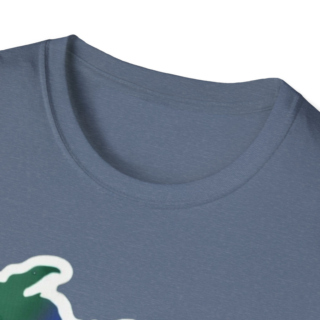 Blue-gray T-shirt neckline close-up, with no full graphic visible