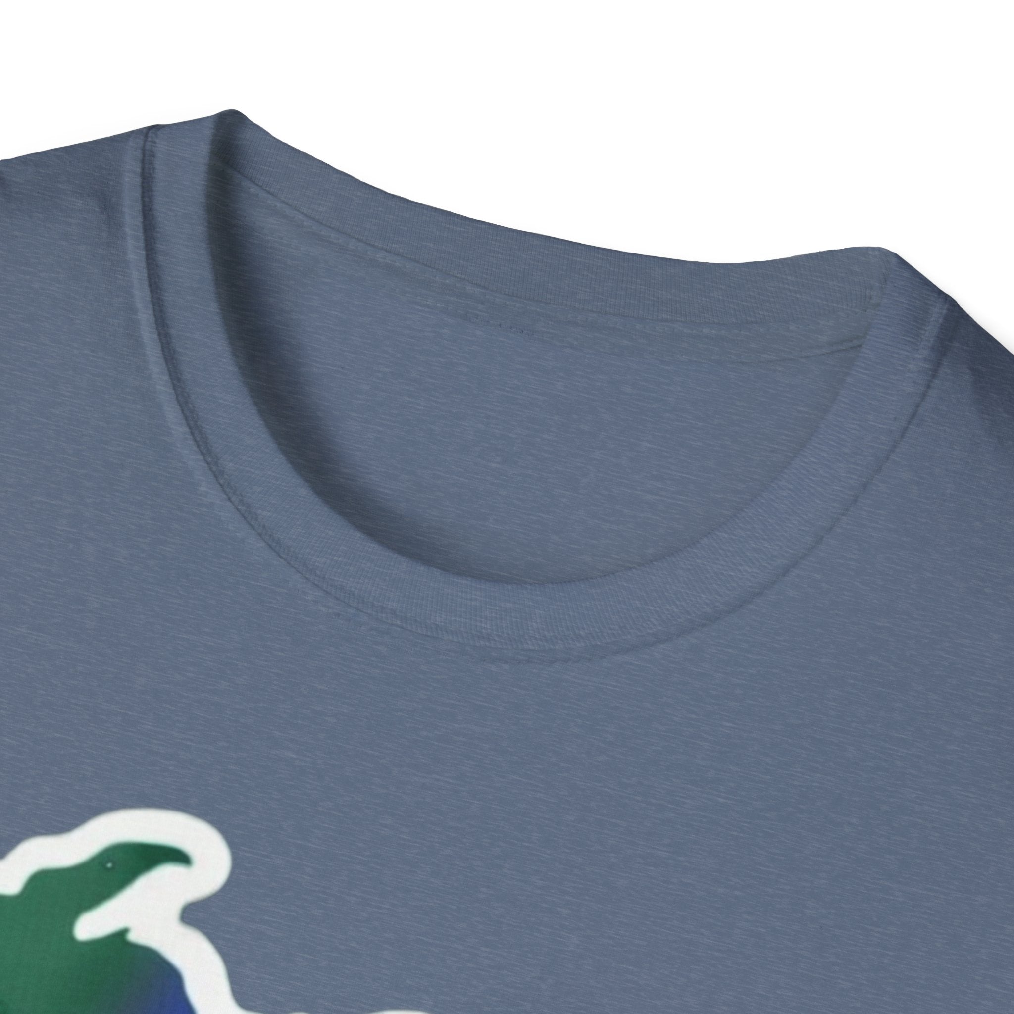 Blue-gray T-shirt neckline close-up, with no full graphic visible