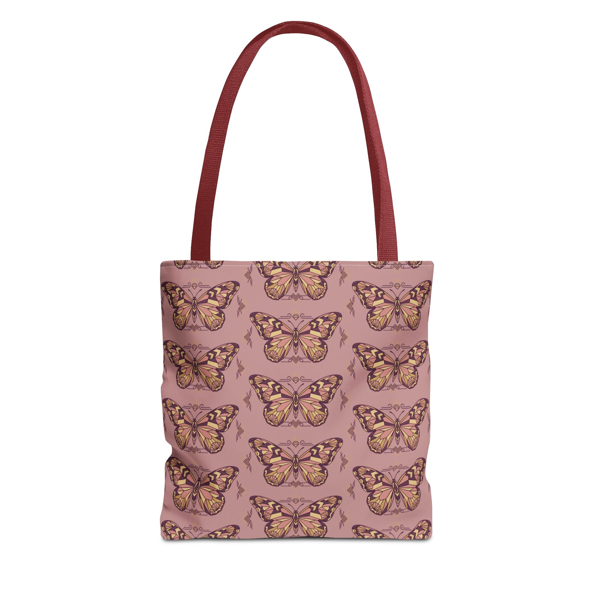 Pink butterfly pattern tote bag with maroon handle straps