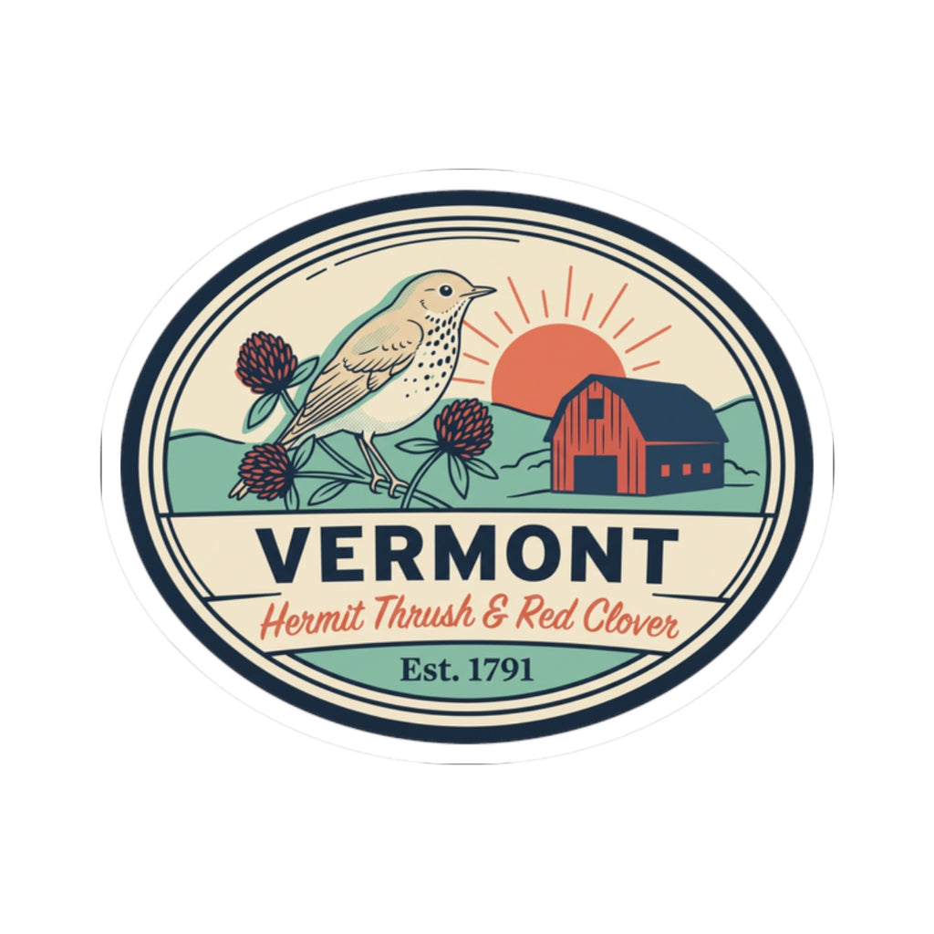 Vermont sticker badge with hermit thrush, red clover, barn, sun rays, and Est. 1791