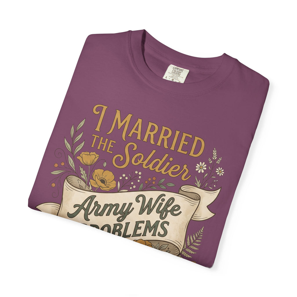 Lilac T-shirt with 'I Married the Soldier Army Wife' floral graphic