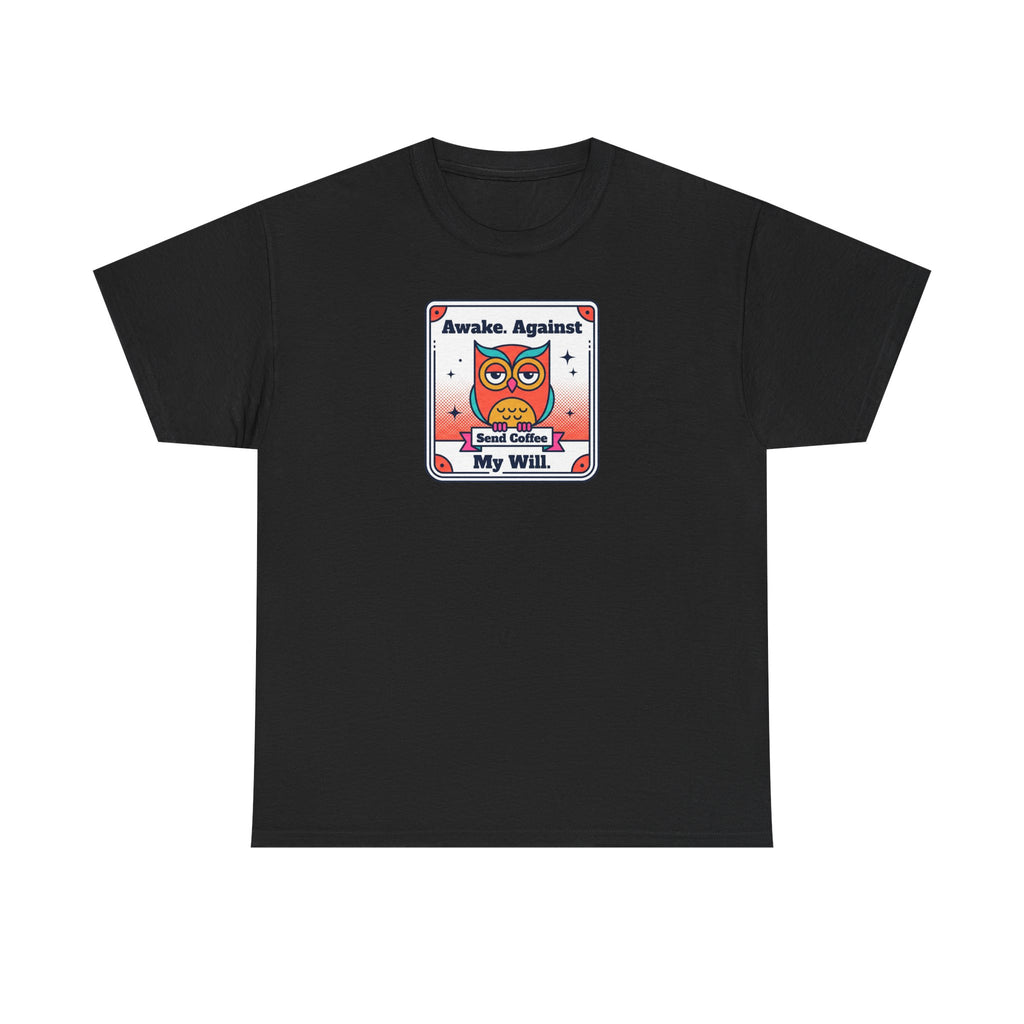 Black T-shirt with square graphic print at chest.
