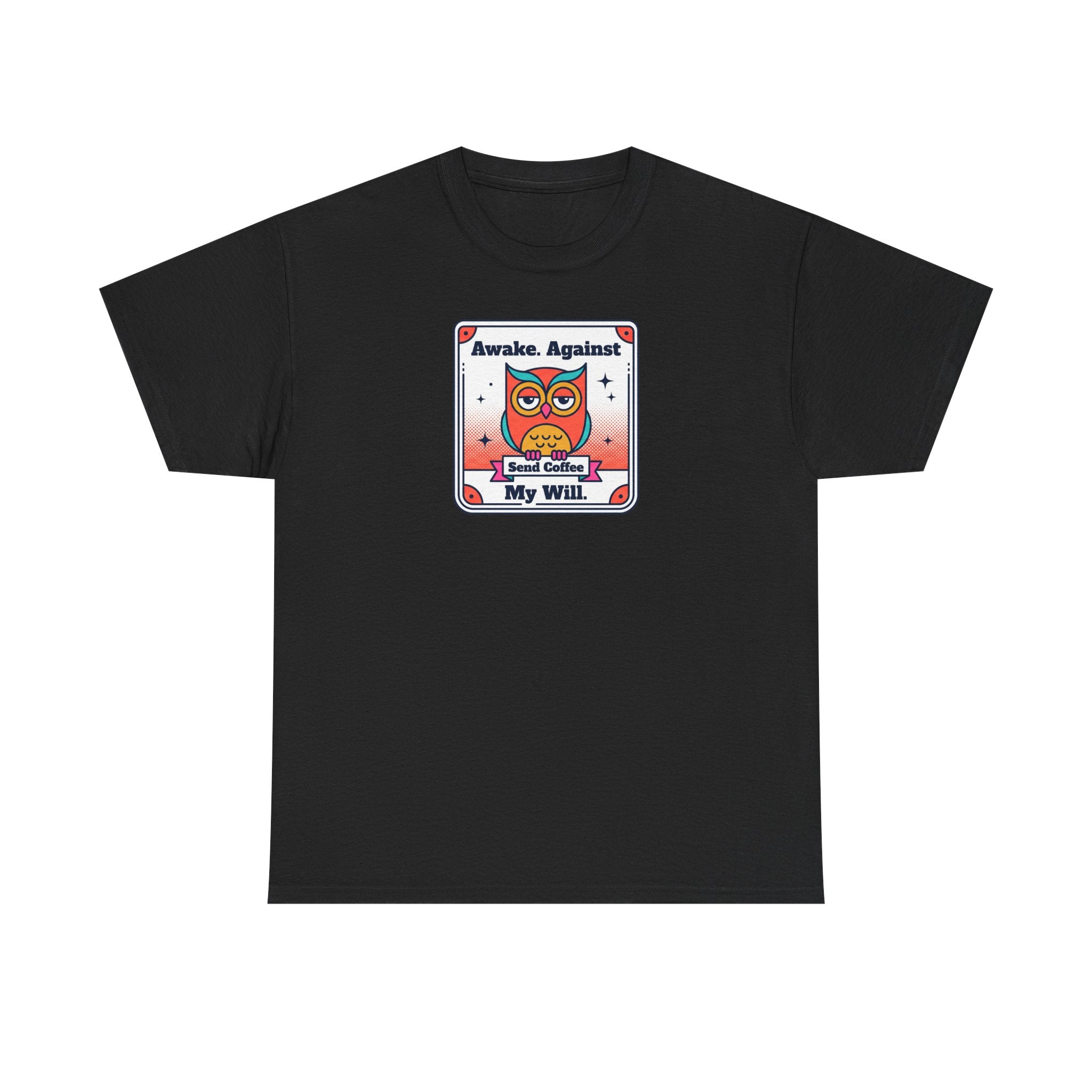 Black T-shirt with square graphic print at chest.