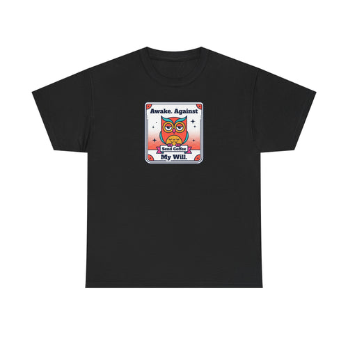 Black T-shirt with square graphic print at chest.
