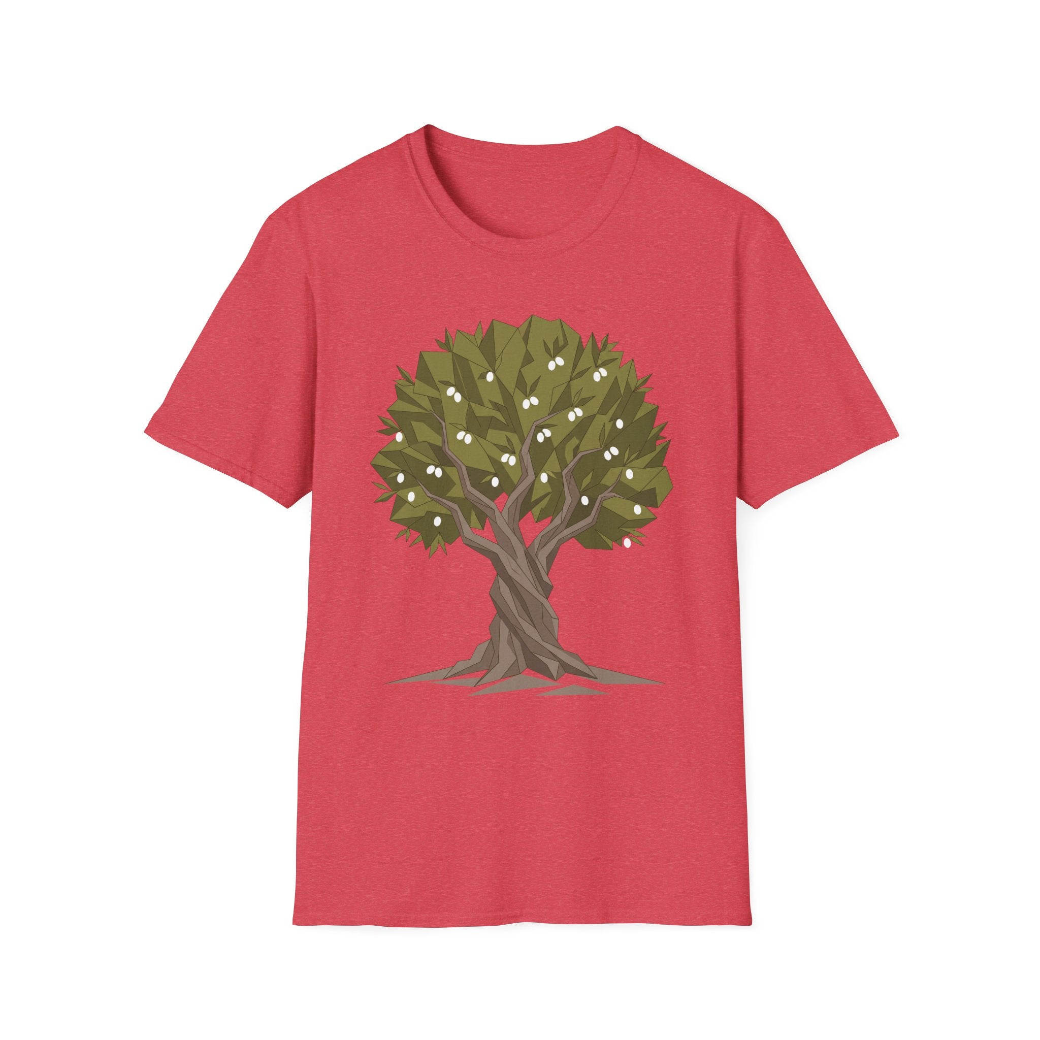 Twisted Olive Tree T-Shirt (heather red) with twisted olive tree graphic in green