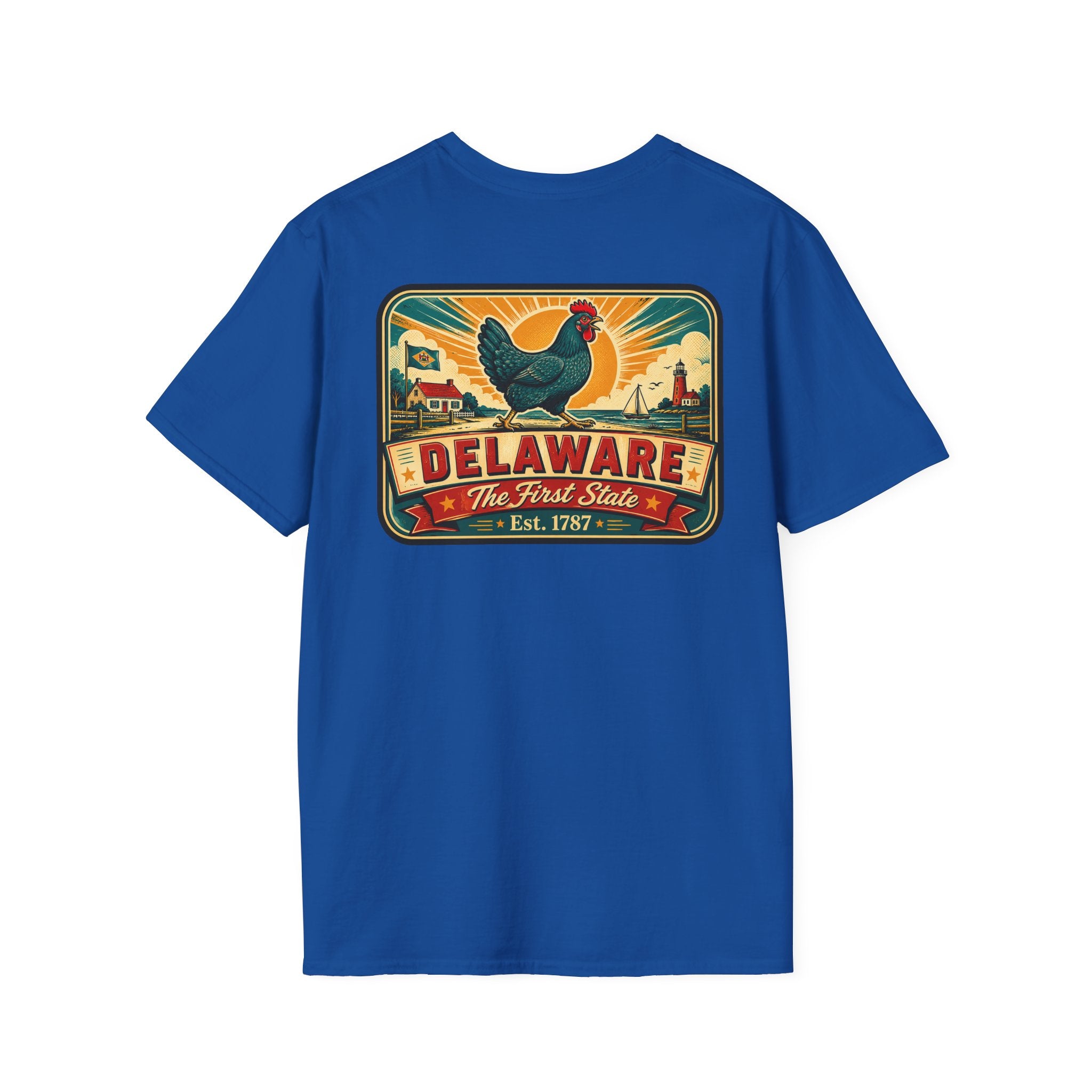 Royal blue Delaware travel badge T-shirt with colorful hen and “Delaware” front graphic