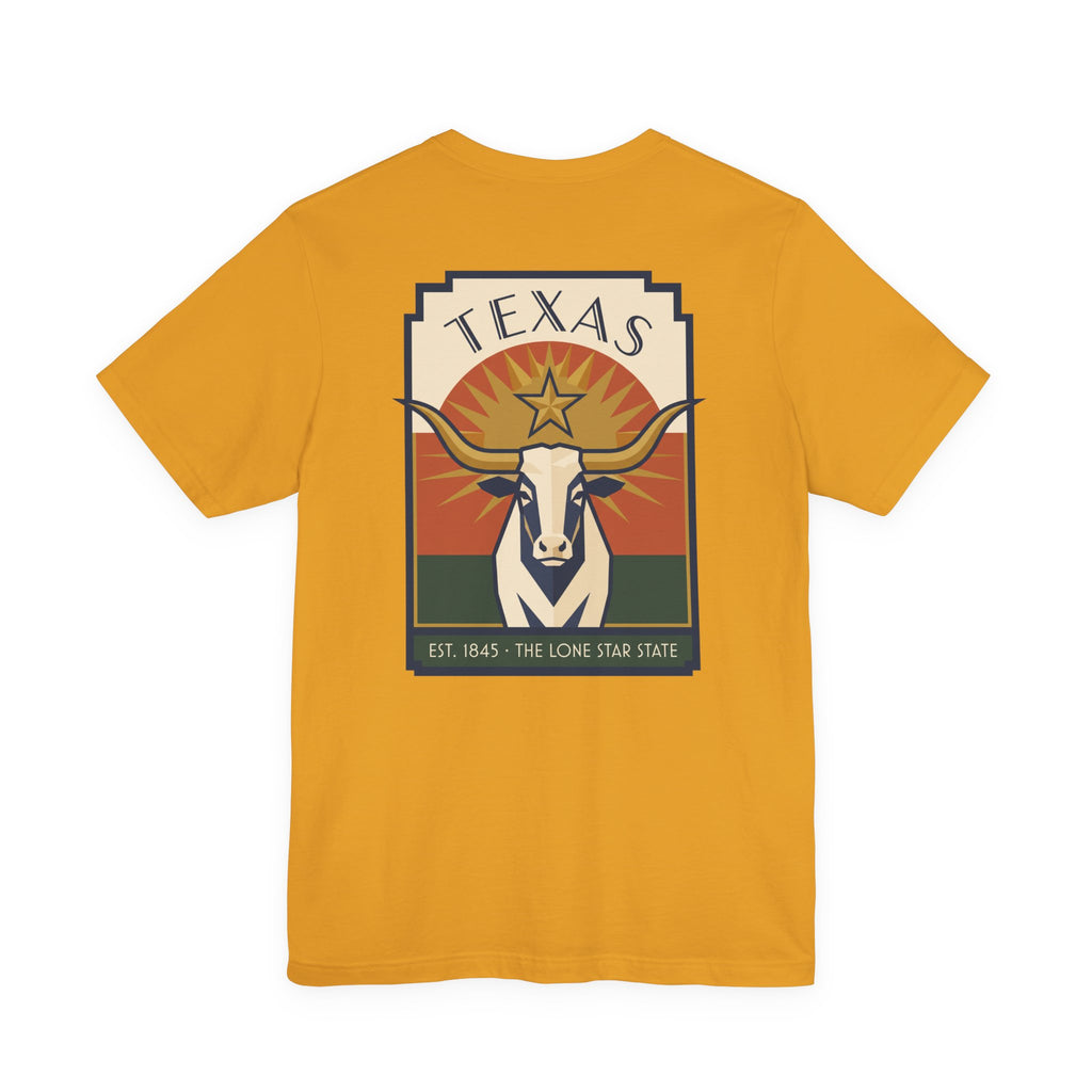 Orange T-shirt with retro Texas graphic, longhorn head and star logo in square frame