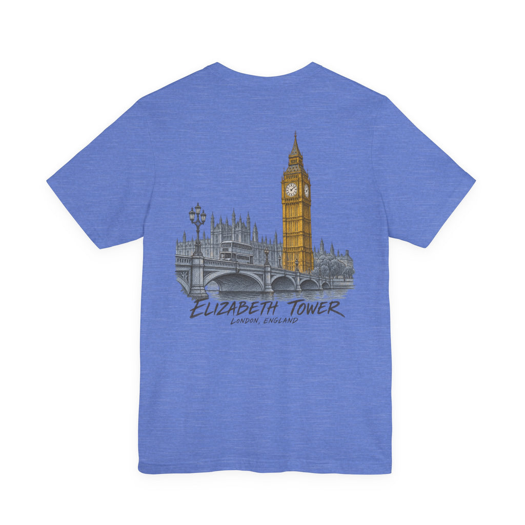 Men's blue travel t-shirt with vintage-style Elizabeth Tower graphic on chest