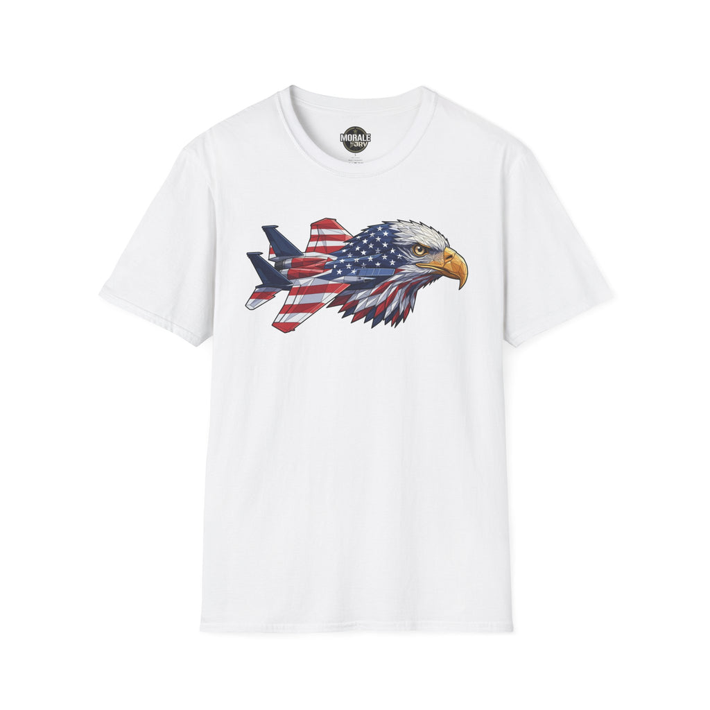 Patriotic eagle graphic T-shirt (white) with plane and American flag design