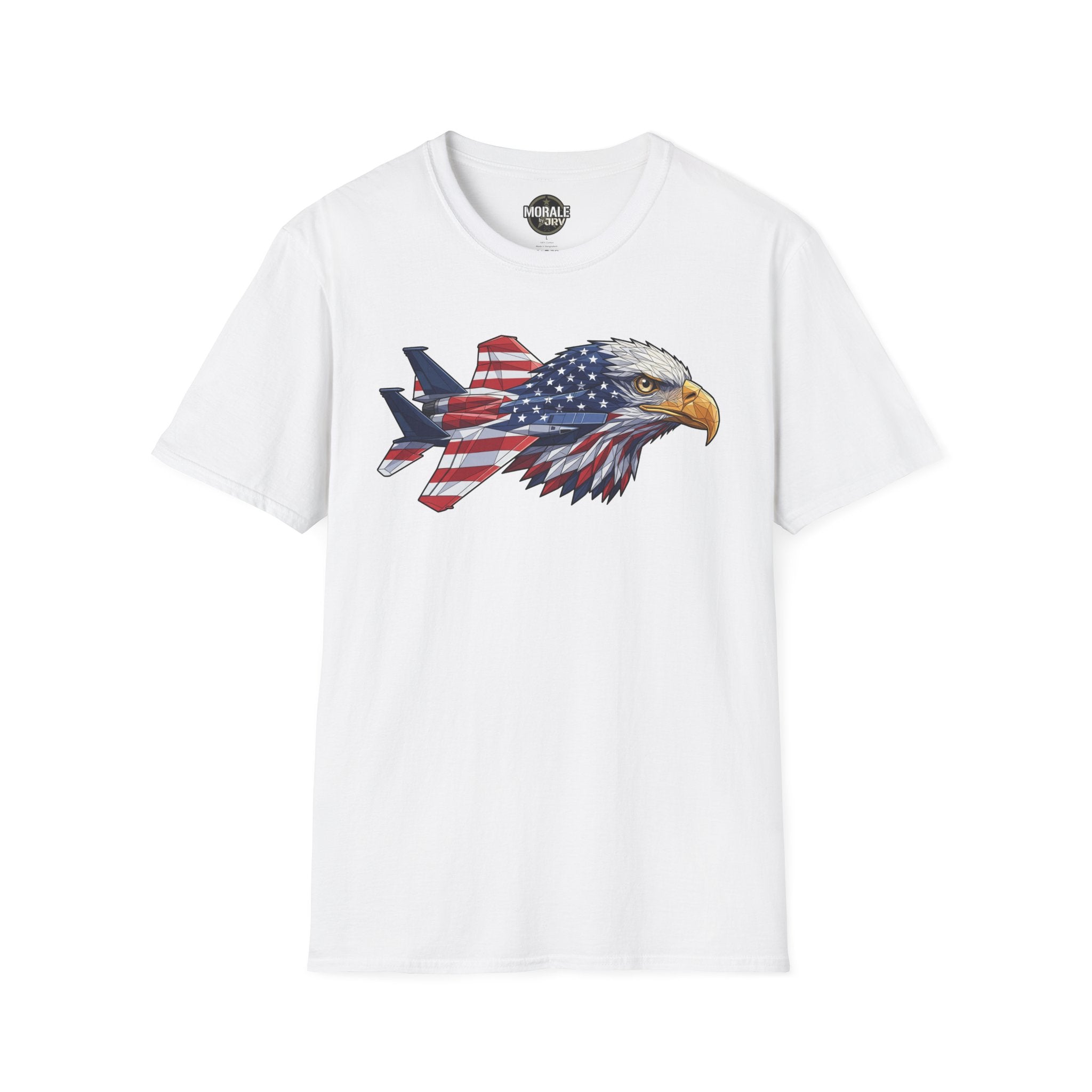 Patriotic eagle graphic T-shirt (white) with plane and American flag design