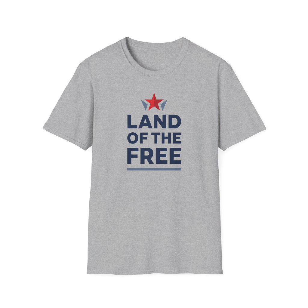 Light gray crewneck T-shirt with red star and blue "LAND OF THE FREE" front print