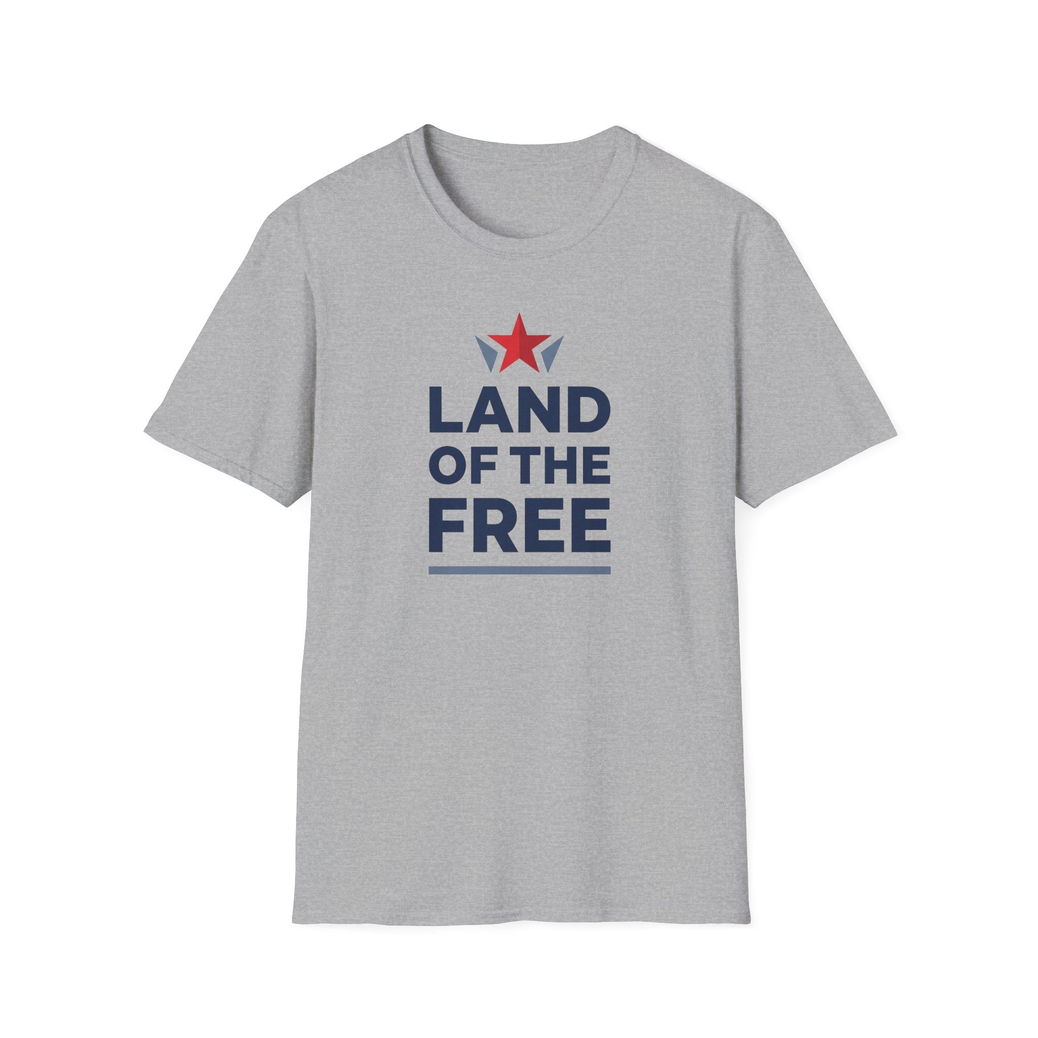 Light gray crewneck T-shirt with red star and blue "LAND OF THE FREE" front print