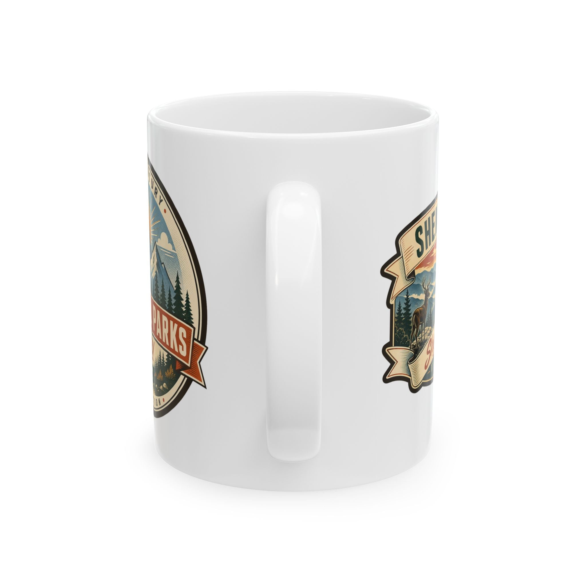 White ceramic mug with landscape badge decal and molded side handle grip.