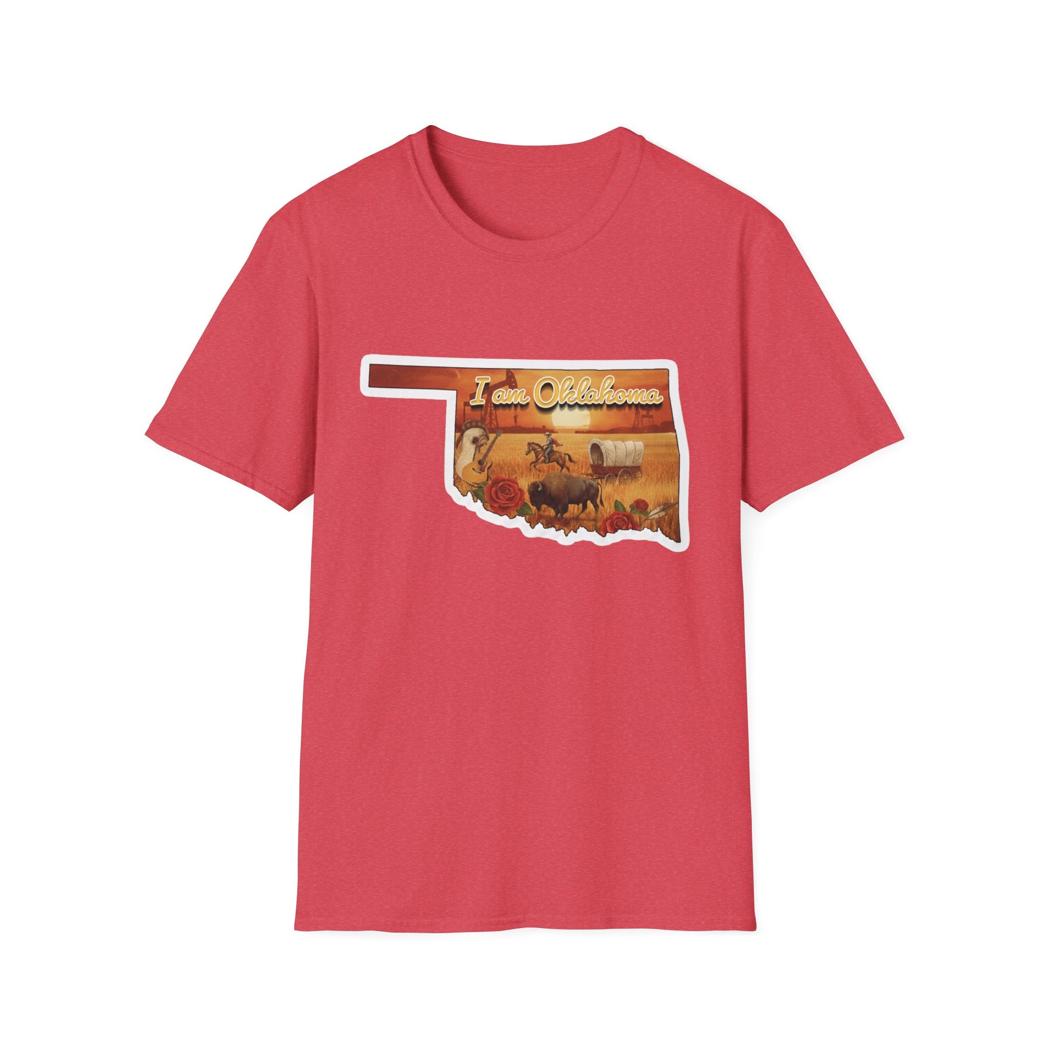 Oklahoma cowboy scene graphic T-shirt on purple shirt chest