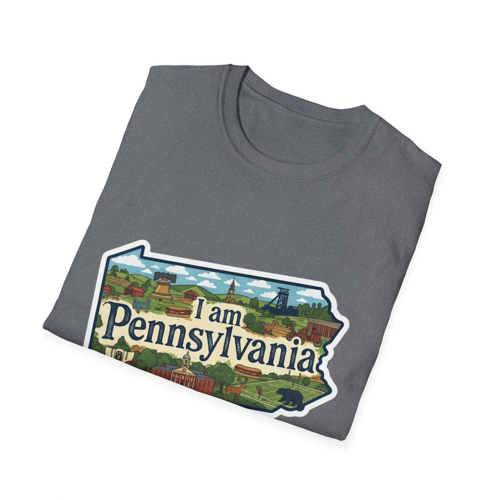 „I am Pennsylvania“-Aufkleberprint auf grauem T-Shirt mit Landschaftsmotiv