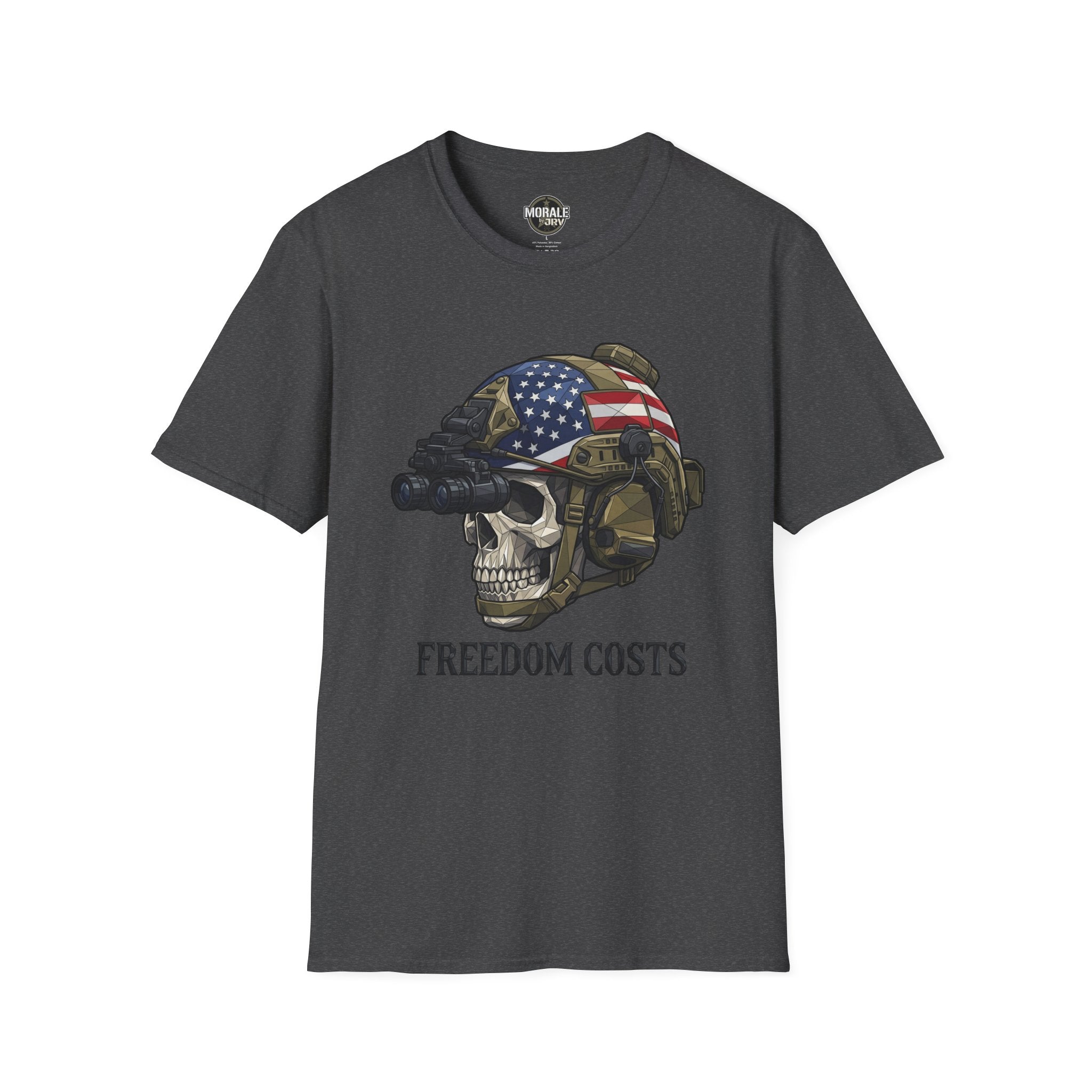 Charcoal tee: skull soldier helmet, U.S. flag graphic, "FREEDOM COSTS"