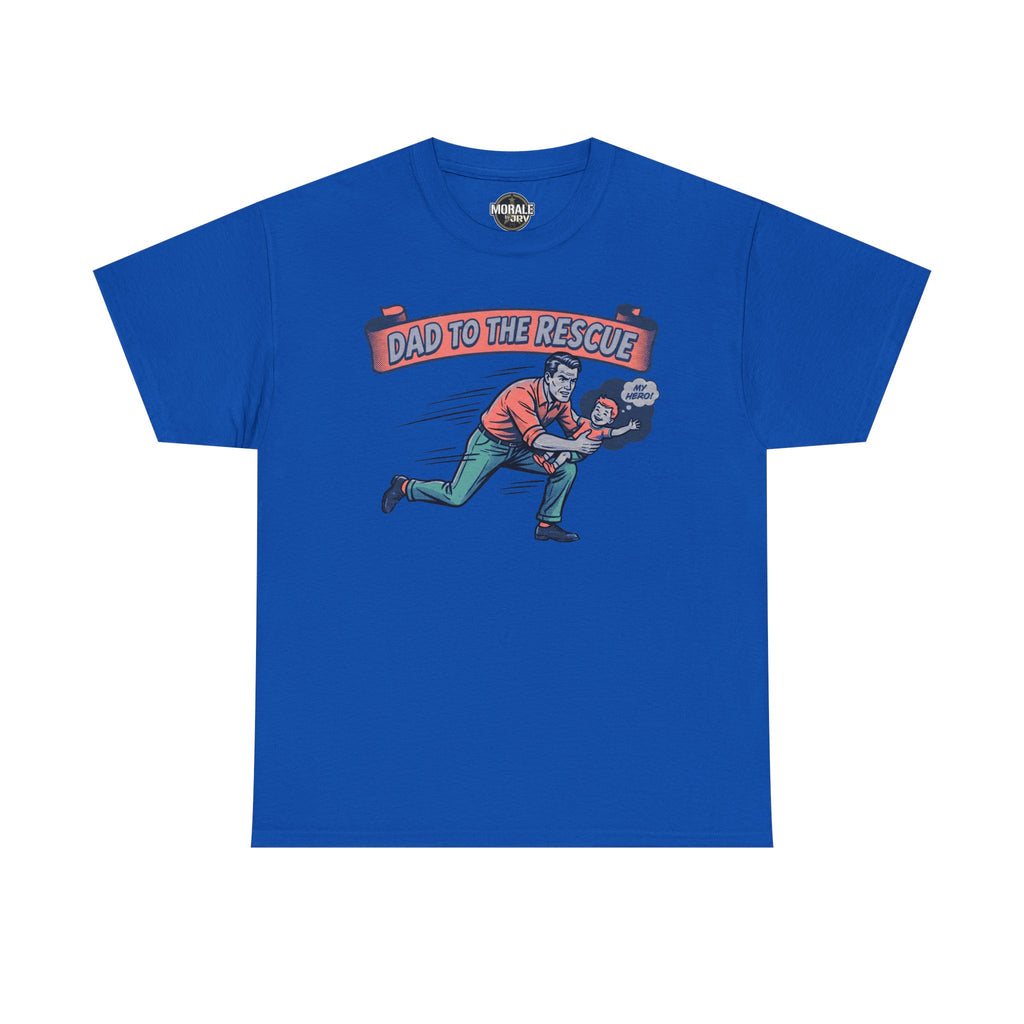 Royal blue “Dad to the Rescue” T-shirt with retro running dad print