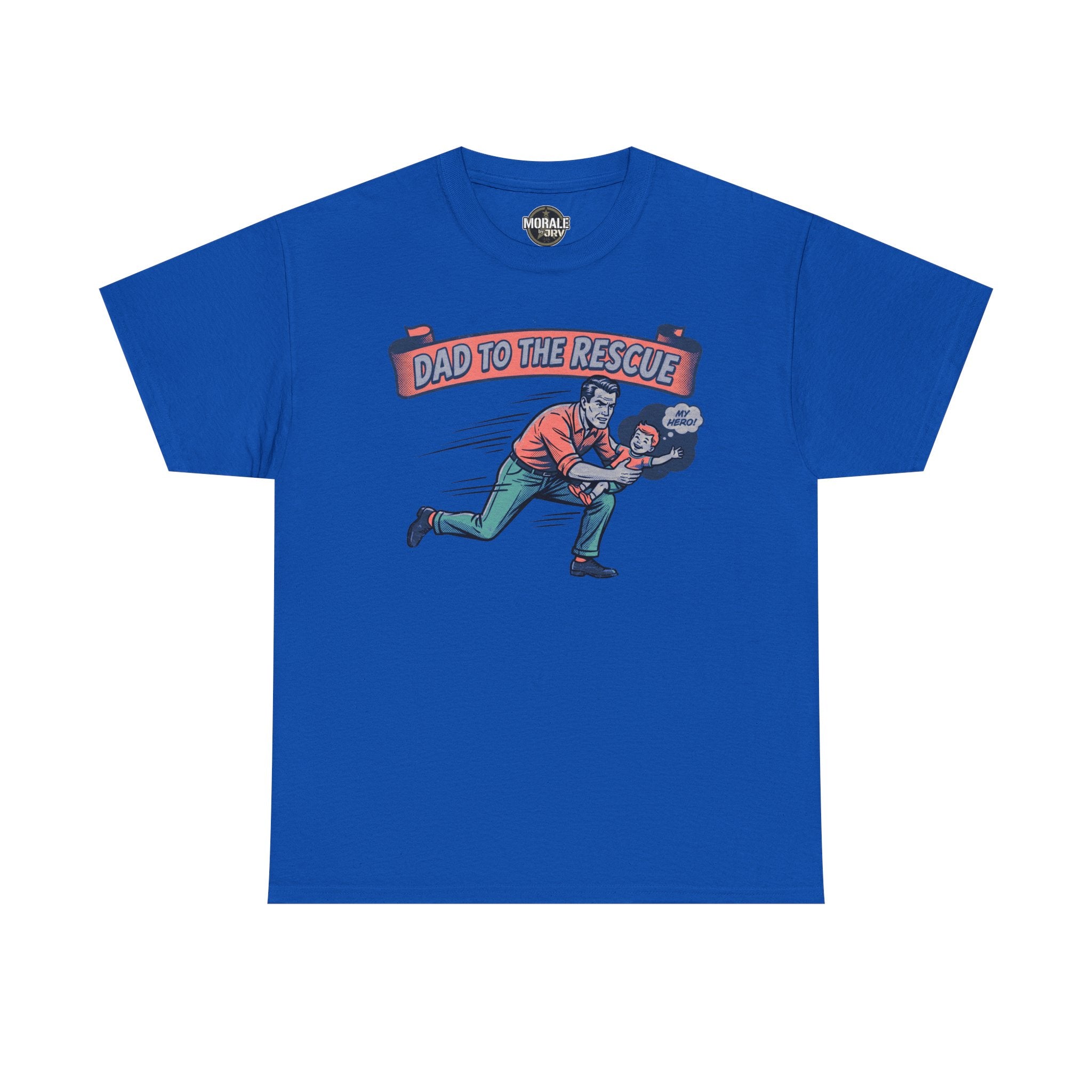Royal blue “Dad to the Rescue” T-shirt with retro running dad print