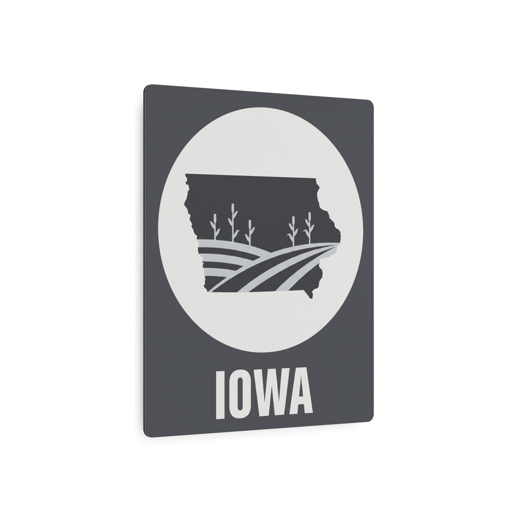 Angled dark gray Iowa metal wall sign with white circle, farm fields silhouette, and IOWA
