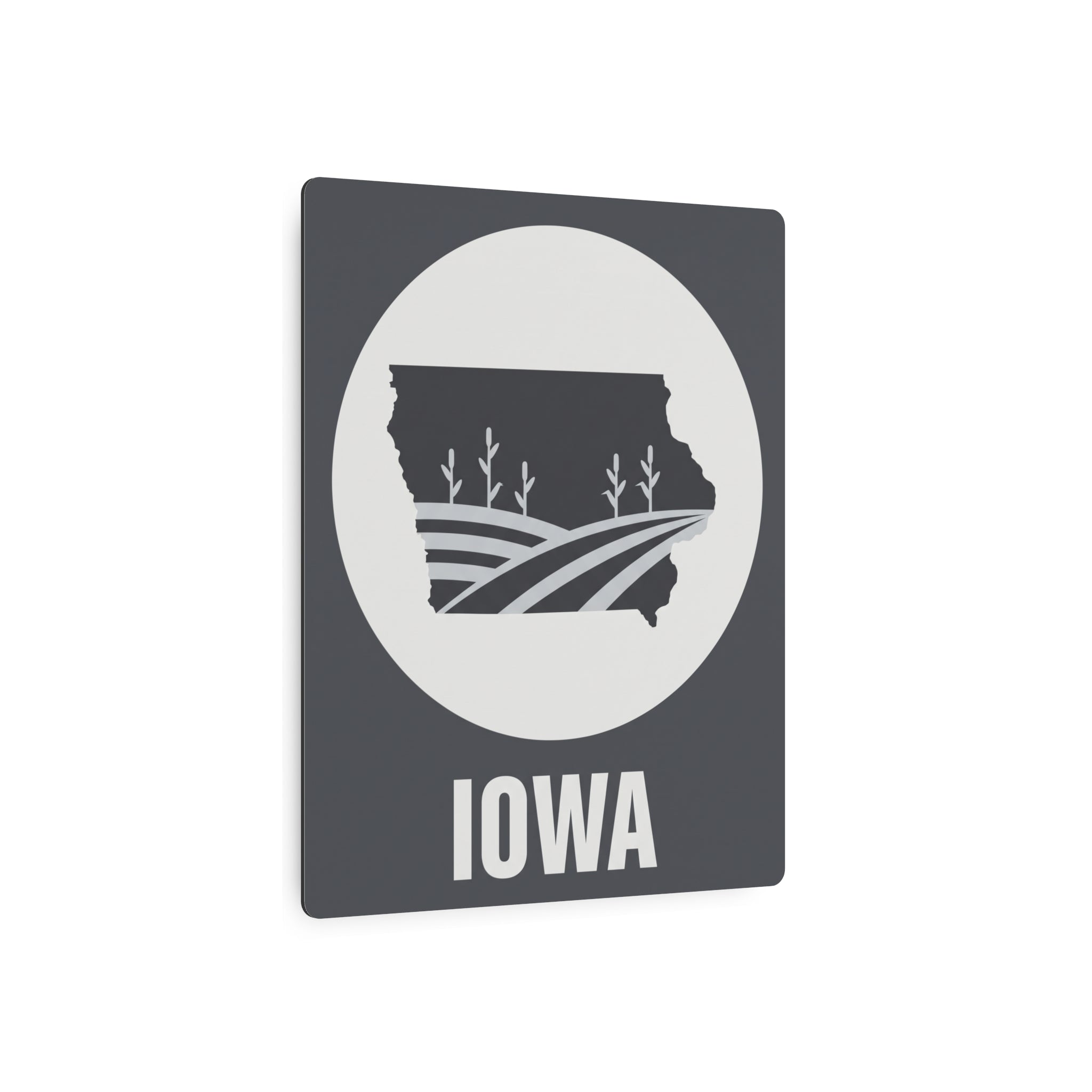 Angled dark gray Iowa metal wall sign with white circle, farm fields silhouette, and IOWA