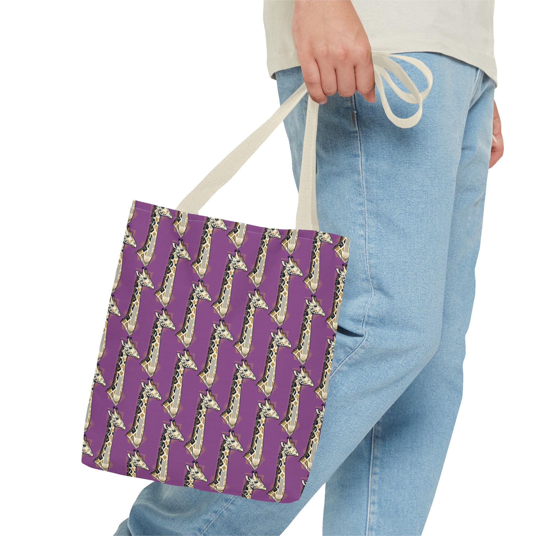 Purple saxophone-pattern tote bag with light handles, carried by hand