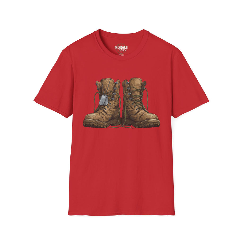 Red T-shirt with vintage combat boots graphic in brown and tan