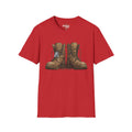 Red T-shirt with vintage combat boots graphic in brown and tan