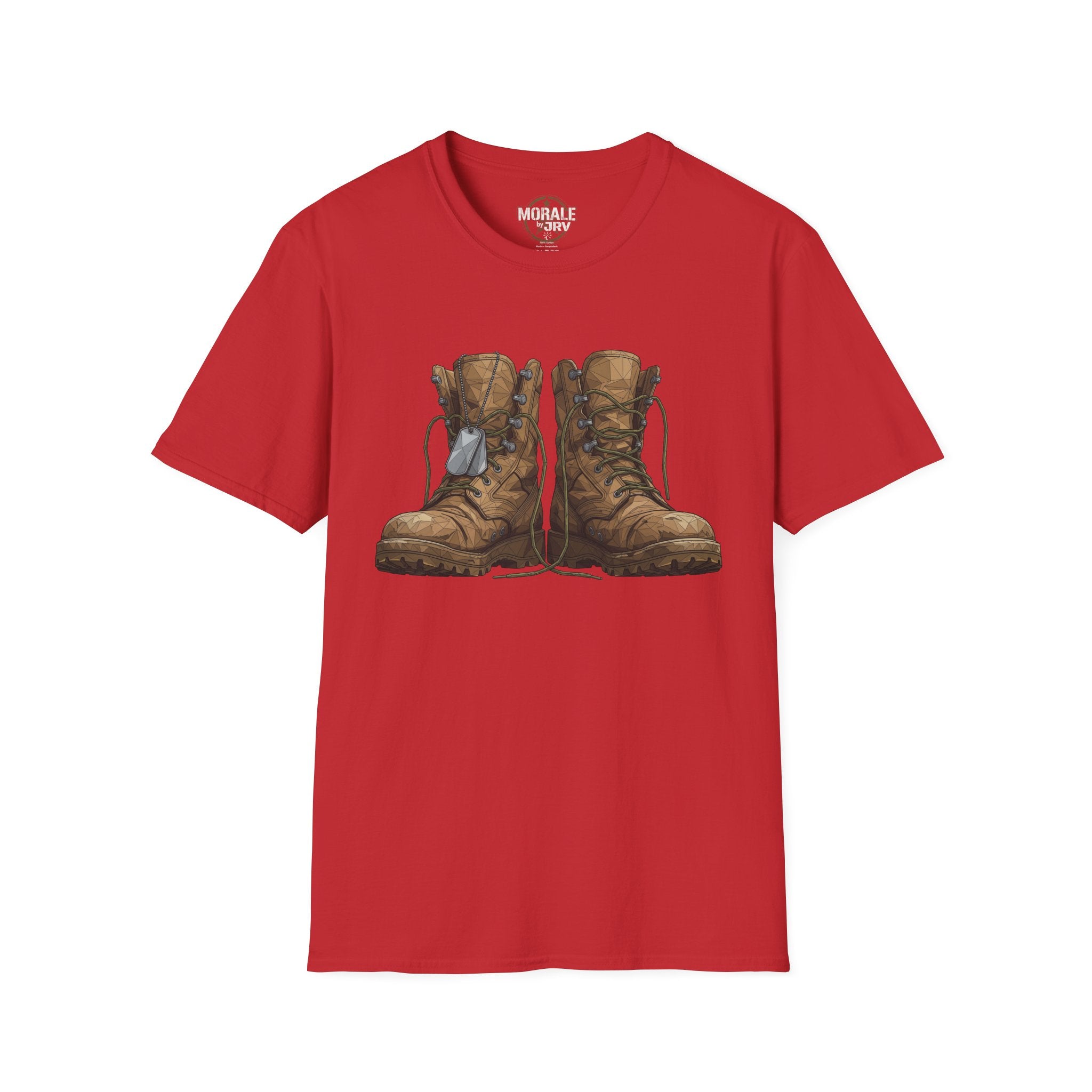 Red T-shirt with vintage combat boots graphic in brown and tan
