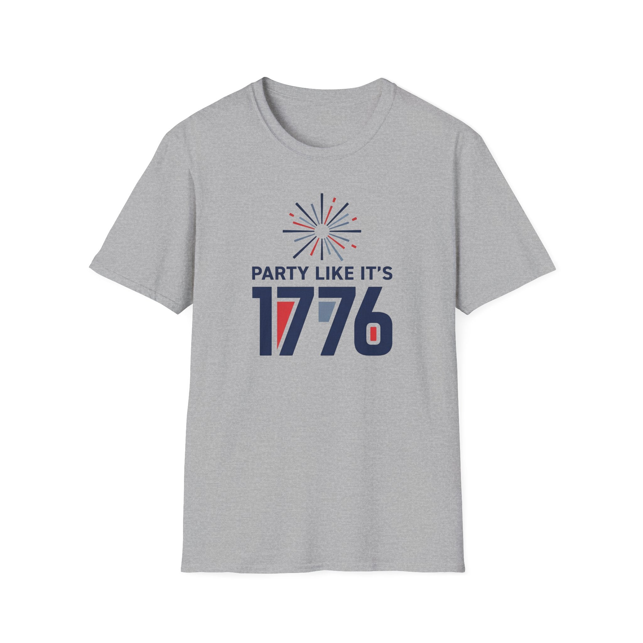 Sport grey T-shirt front with fireworks graphic and text “PARTY LIKE IT’S 1776”