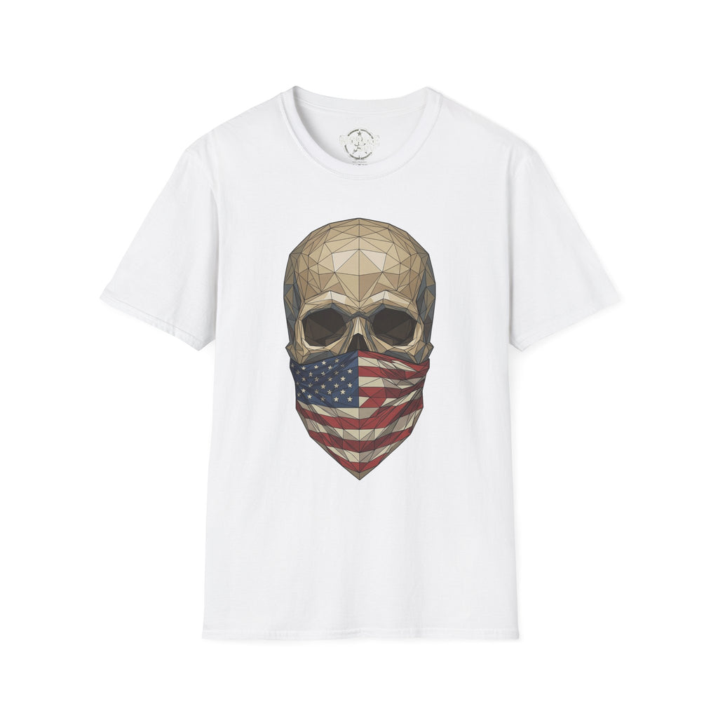 Geometric skull T-shirt with American flag bandana print on white crewneck
