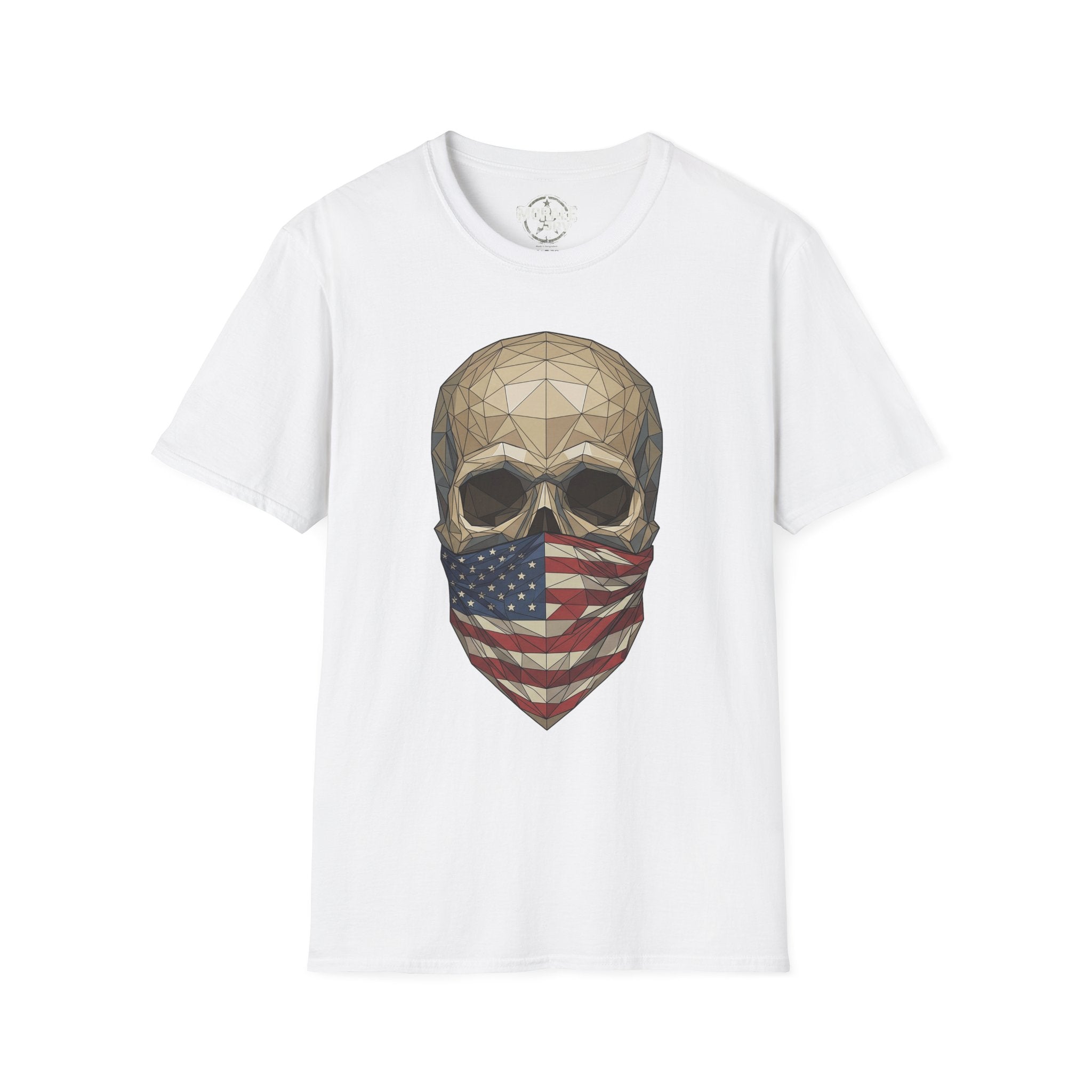 Geometric skull T-shirt with American flag bandana print on white crewneck