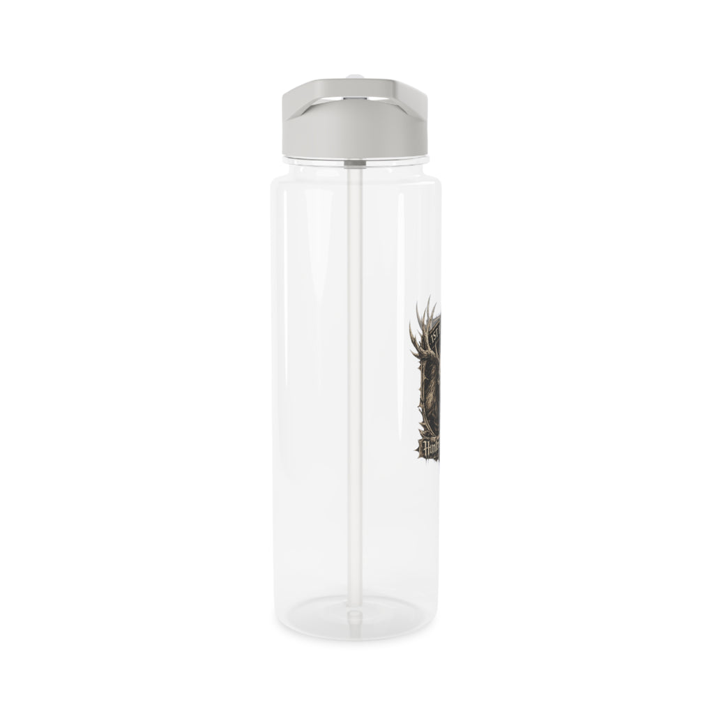 Transparent plastic water bottle with silver flip-top cap and side logo graphic