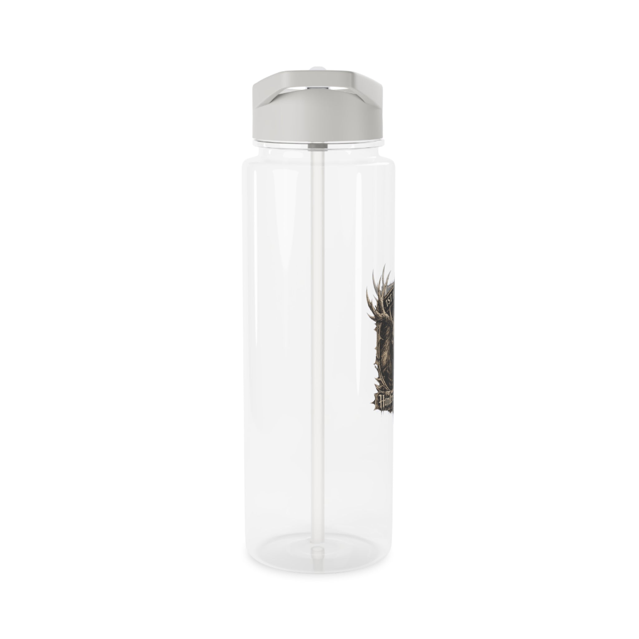 Transparent plastic water bottle with silver flip-top cap and side logo graphic