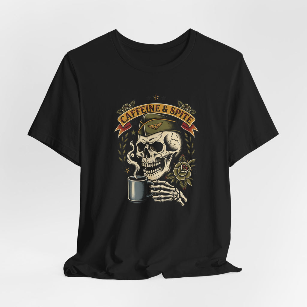 Black crew-neck T-shirt with skull holding coffee mug graphic.