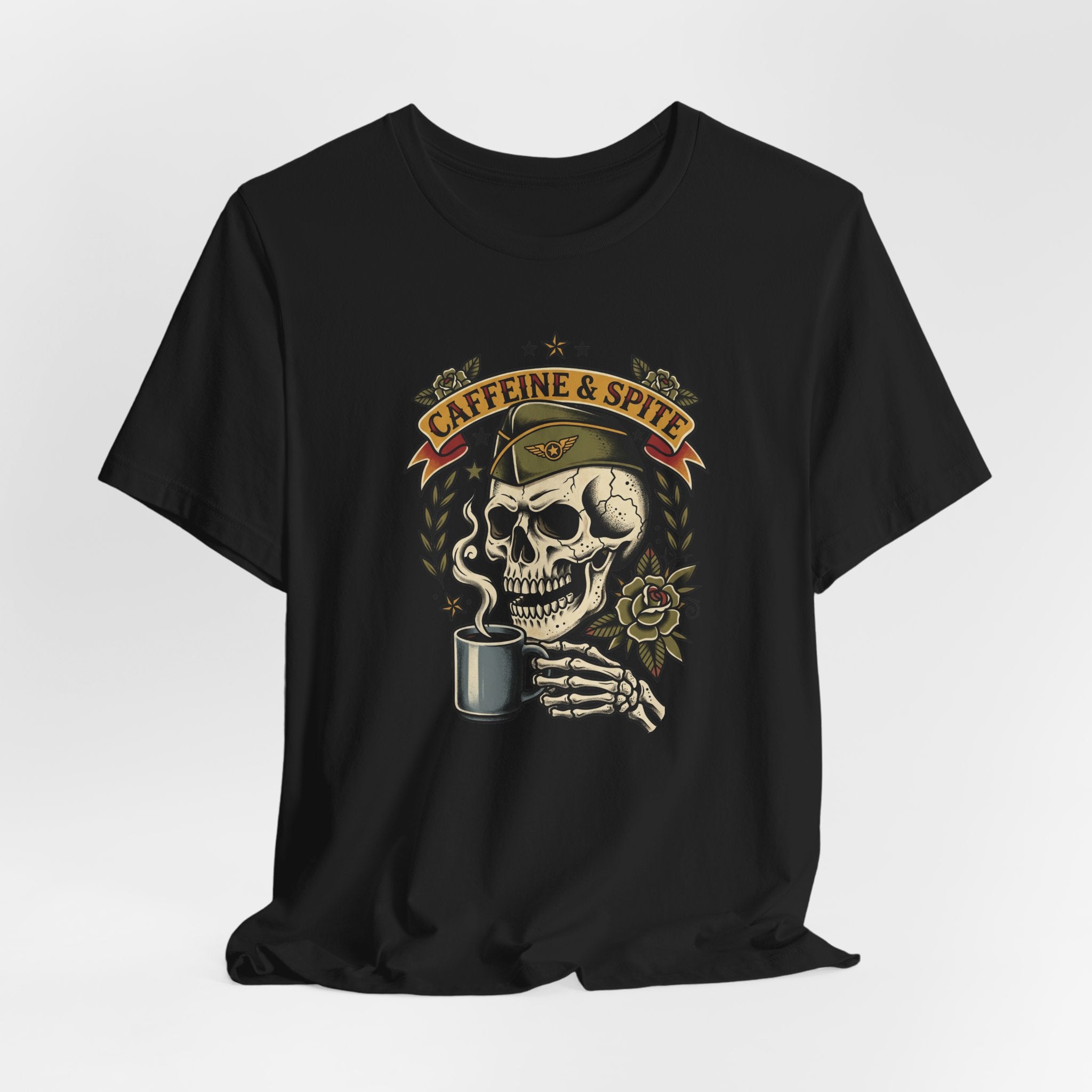 Black crew-neck T-shirt with skull holding coffee mug graphic.