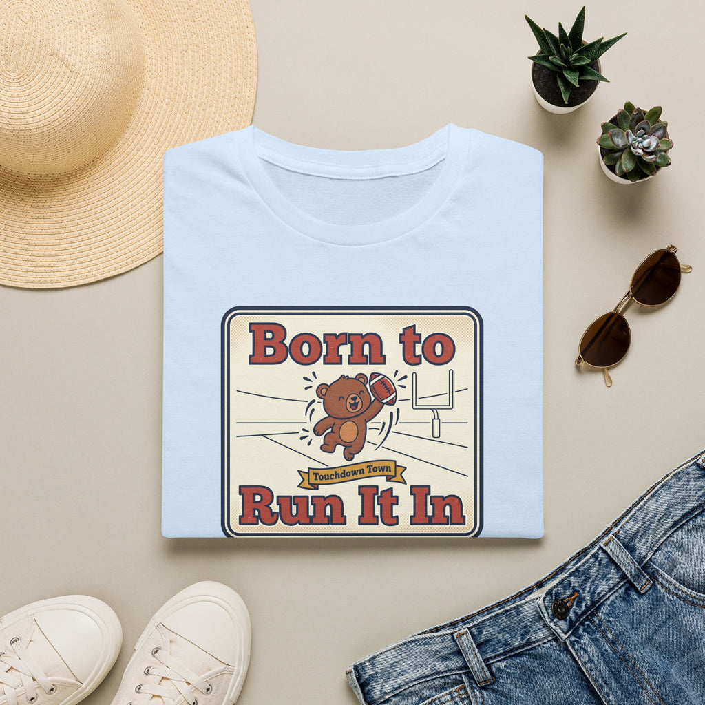 White crewneck T-shirt with “Born to Run It In” sports bear graphic