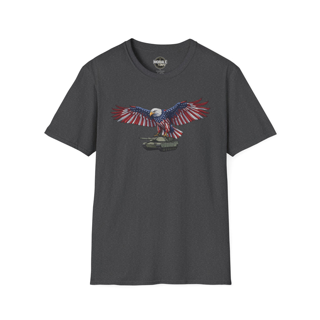 Dark charcoal T-shirt with bald eagle spreading wings over M1 Abrams tank design