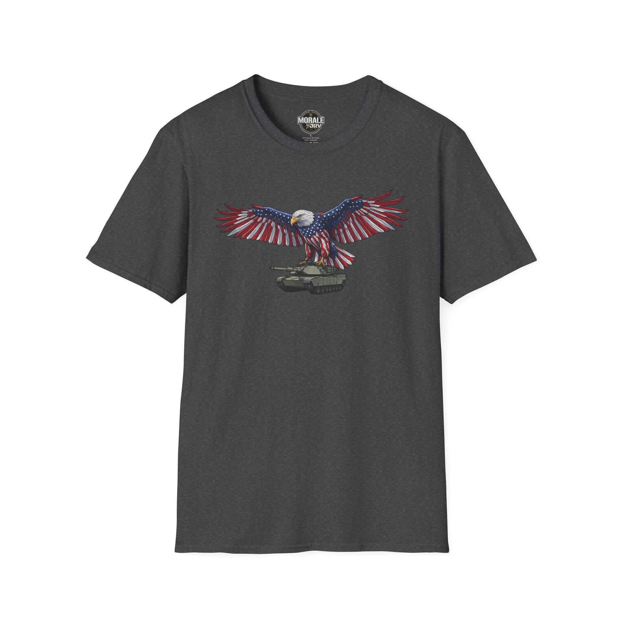 Dark charcoal T-shirt with bald eagle spreading wings over M1 Abrams tank design
