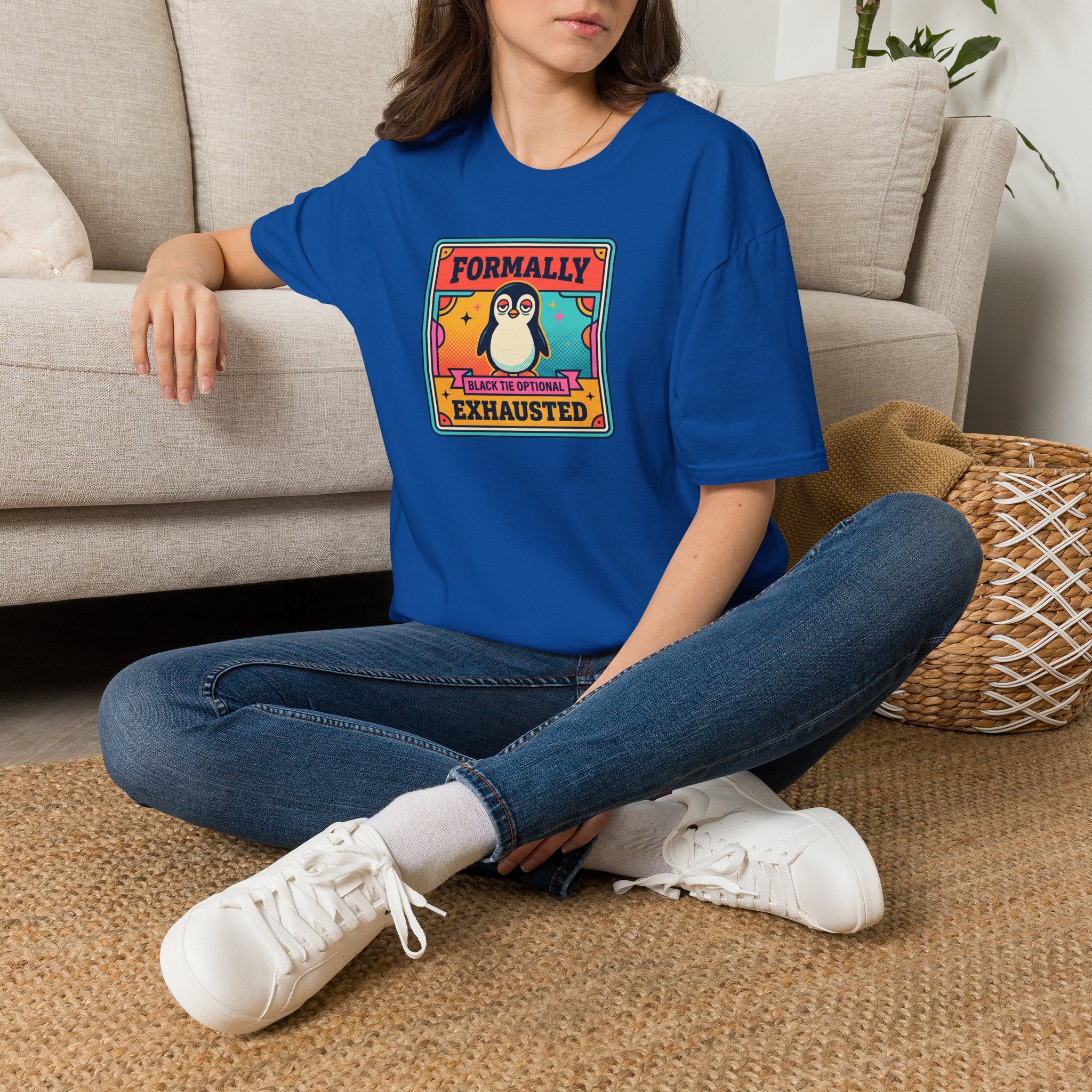 Royal blue short-sleeve T-shirt with penguin “Formally Exhausted” graphic patch
