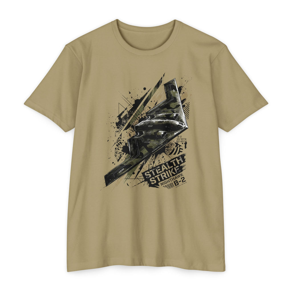 Khaki bomber T-shirt with short sleeves and crew neck; B-2 style graphic front