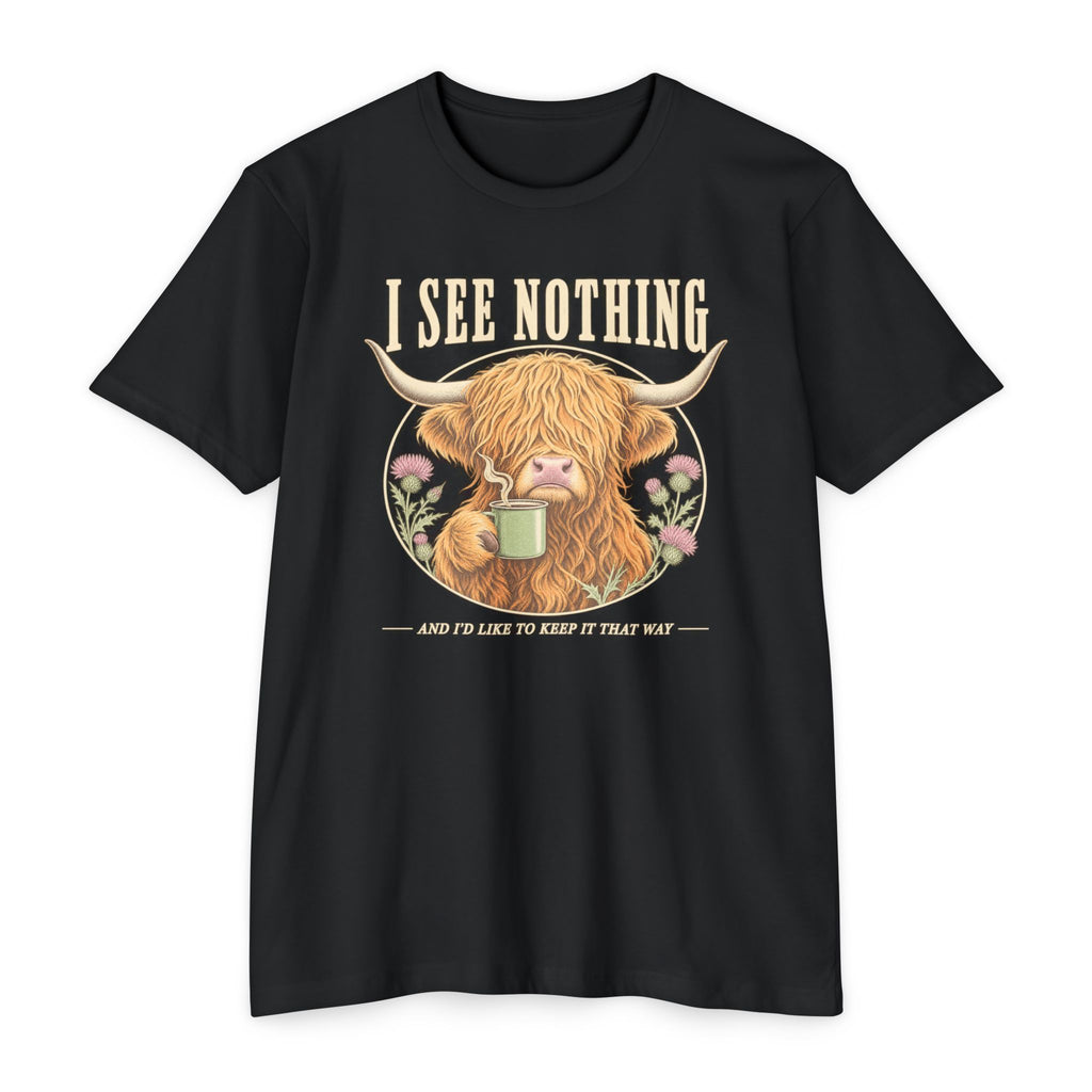 Black short-sleeve graphic T-shirt with Highland cow holding a coffee mug