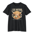 Black short-sleeve graphic T-shirt with Highland cow holding a coffee mug