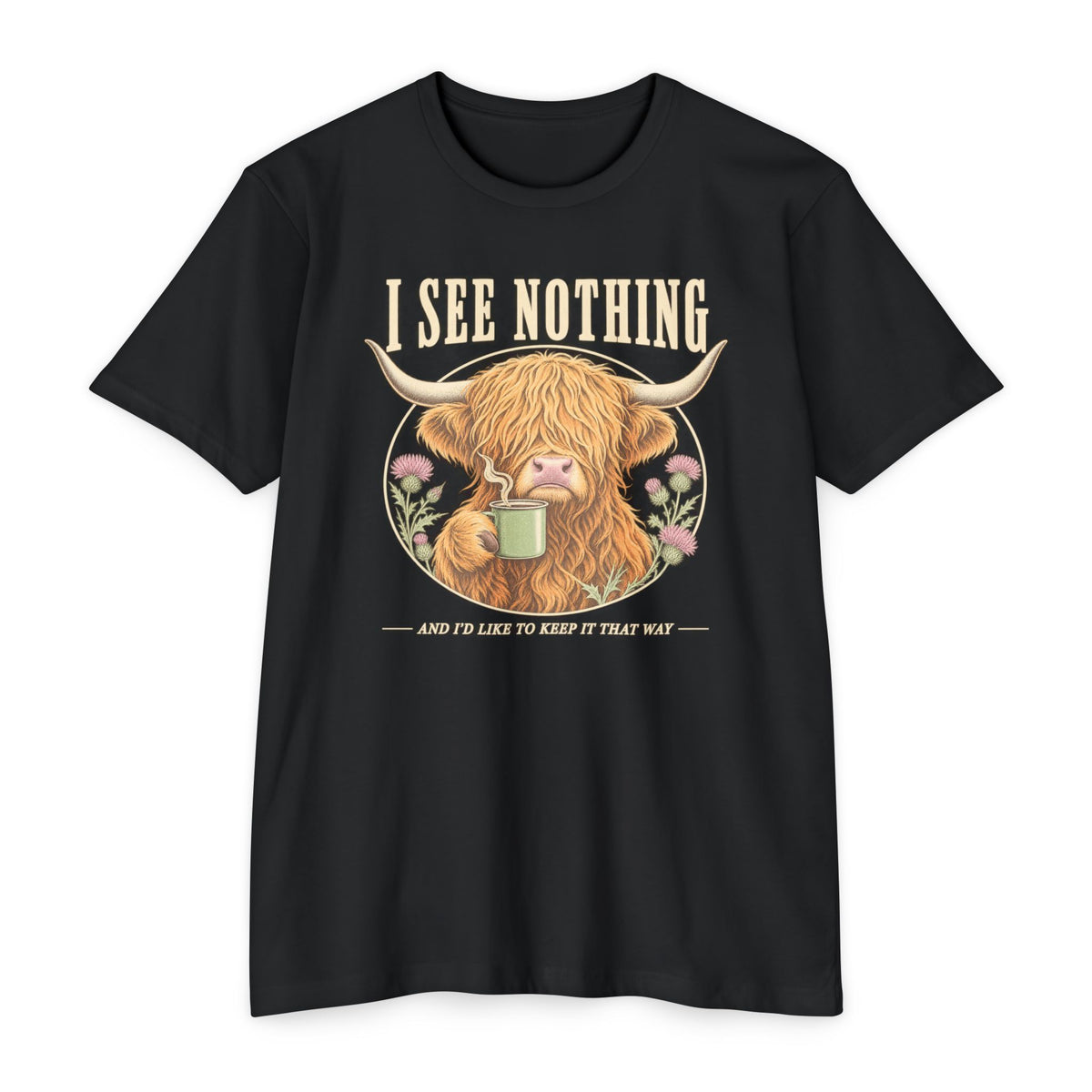 Black short-sleeve graphic T-shirt with Highland cow holding a coffee mug